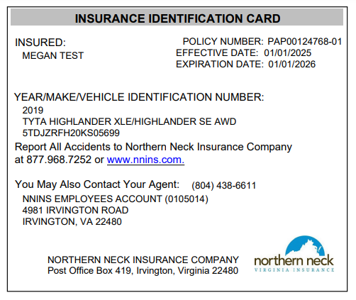 NNINS Insurance ID Card sample