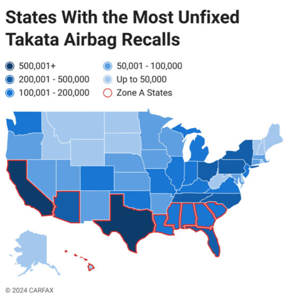 States with most recalled airbags- Carfax